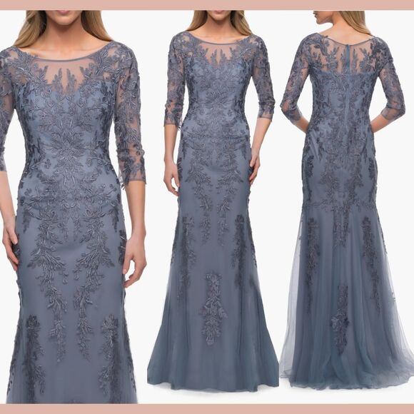 NEW $458 La Femme [ 4 ] Illusion Top Tulle Gown with Lace...